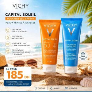 Pack Vichy Capital Soleil – Crème Toucher Sec SPF 50+ (50ml) + Lait Après-Soleil Offert