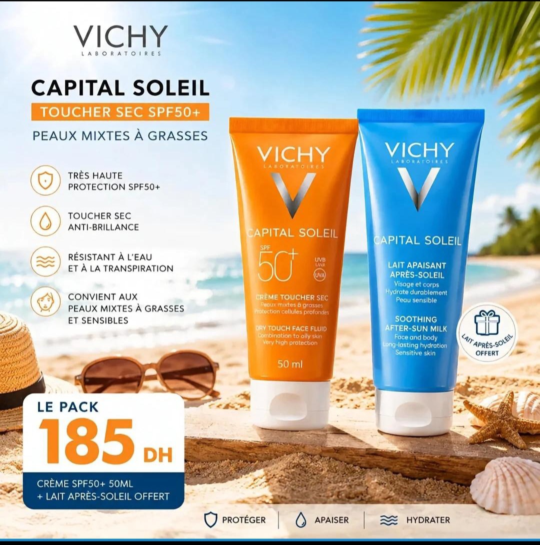 Pack Vichy Capital Soleil – Crème Toucher Sec SPF 50+ (50ml) + Lait Après-Soleil Offert