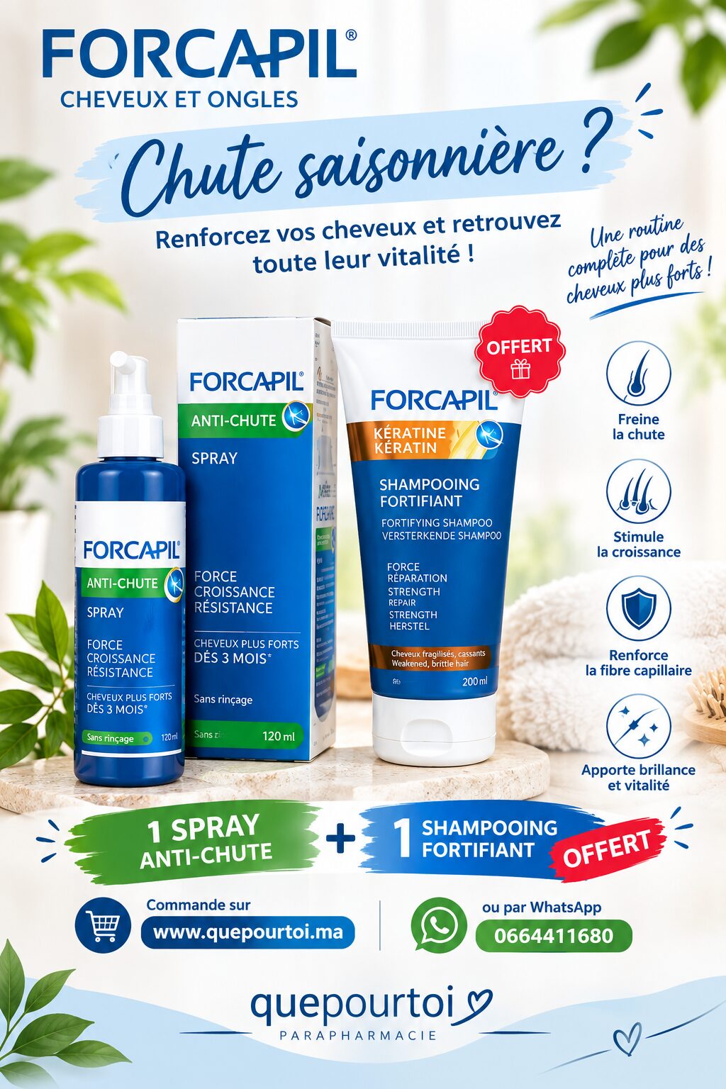 FORCAPIL OFFRE SPRAY ANTI CHUTE 125ML + SHAMPOOING FORTIFIANT 200 ML OFFERT